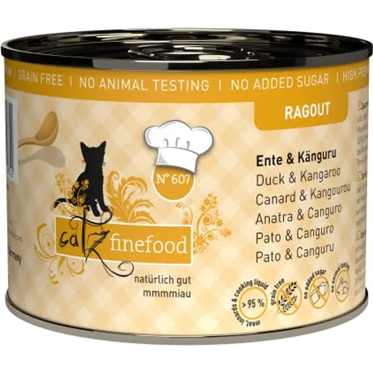 catz finefood Ragout N° 607, Känguru & Ente Nassfutter für Katzen in Sauce, getreidefrei und zuckerfrei, 6 x 190 g Dose