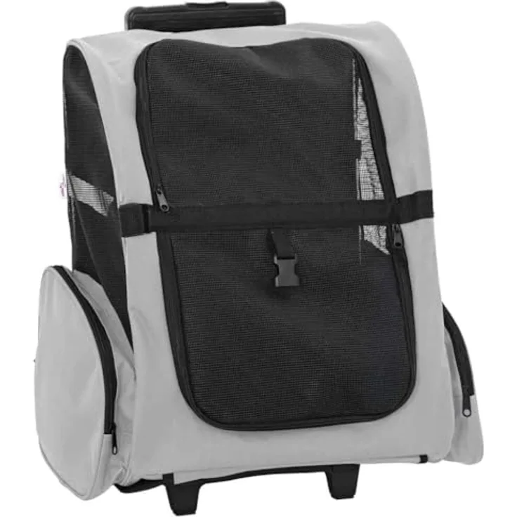 vidaXL Hunde-Transportbox 3-in-1 Trolley Grau, 48x32x57 cm, mit Netzfenstern und verstellbarem Griff, für Hunde und Katzen