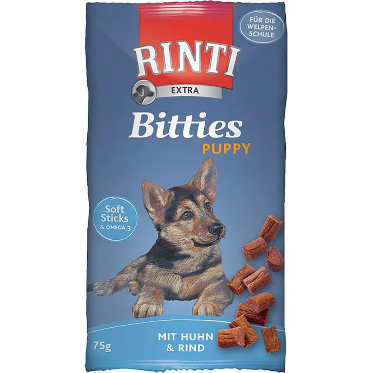 Rinti Extra Bitties Puppy Huhn, Welpensnack mit viel frischem Fleisch, 6 x 75 g (Huhn & Rind), ohne Zucker, Soja und Getreide, mit Omega-3