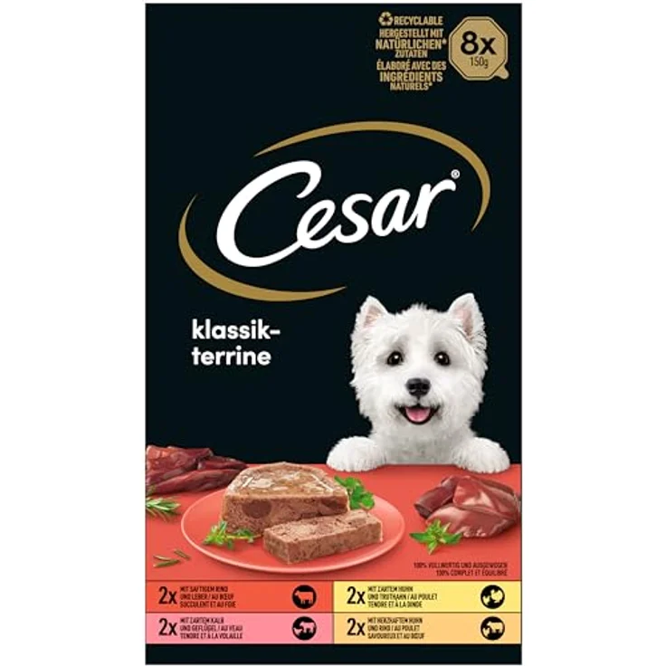 Cesar Hundefutter, Nassfutter mit Rind-, Leber-, Truthahn- und Hühnerstückchen in Pastete, 150 g Schale – Bild 3