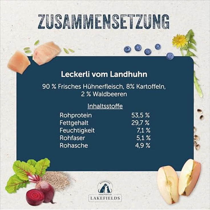 Lakefields Hundeleckerli Trockenfleischwürfel vom Huhn, 50g, 90% Hühnerfleisch, getreidefreie Snacks mit Kartoffeln & Waldbeeren, ohne Zusätze – Bild 5