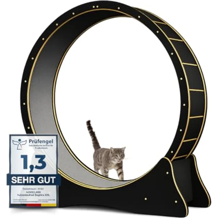 noviclass® Katzenlaufrad Baghira XXL, 132cm Durchmesser für große Katzen, kratzfest, stabil und leise, inkl. Spielzeug und E-Book (Schwarz) – Bild 1