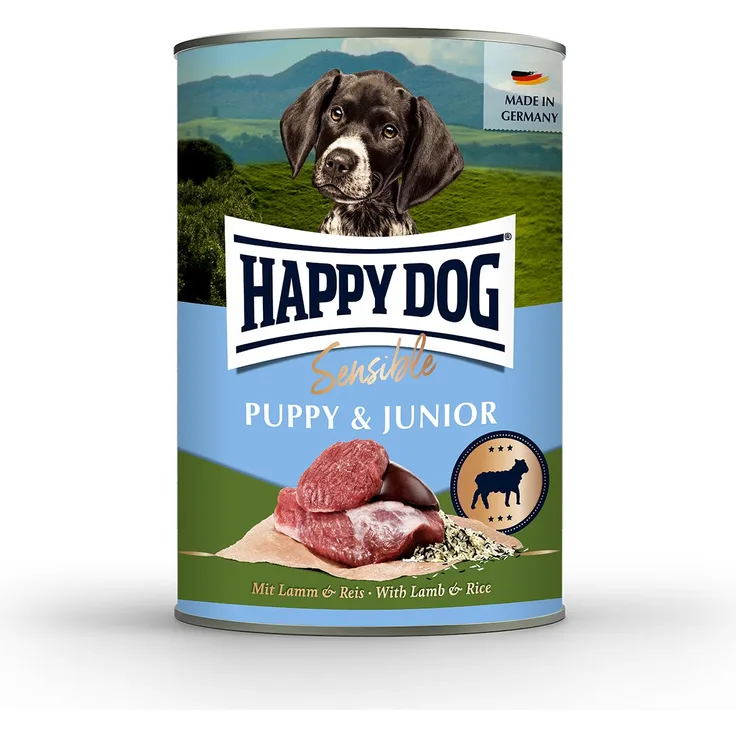 Happy Dog Sensible Puppy Lamm und Reis, Hunde-Nassfutter für heranwachsende Hunde, 6x400g, glutenfrei und ohne Zuckerzusatz
