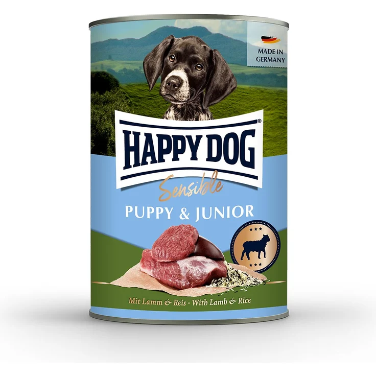 Happy Dog Sensible Puppy Lamm und Reis, Hunde-Nassfutter für heranwachsende Hunde, 6x400g, glutenfrei und ohne Zuckerzusatz