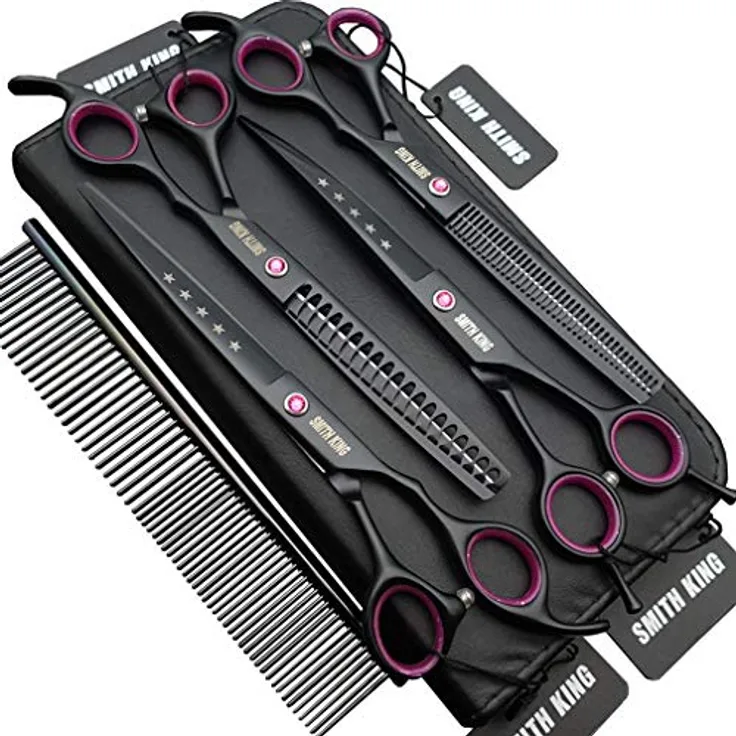 Smith King 7,0 Zoll Hundepflege Schere Set, 5-teiliges Set mit gerader Schere, Ausdünnungsschere, gebogener Schere, Chunker und Kamm aus hochwertigem 6CR-Edelstahl