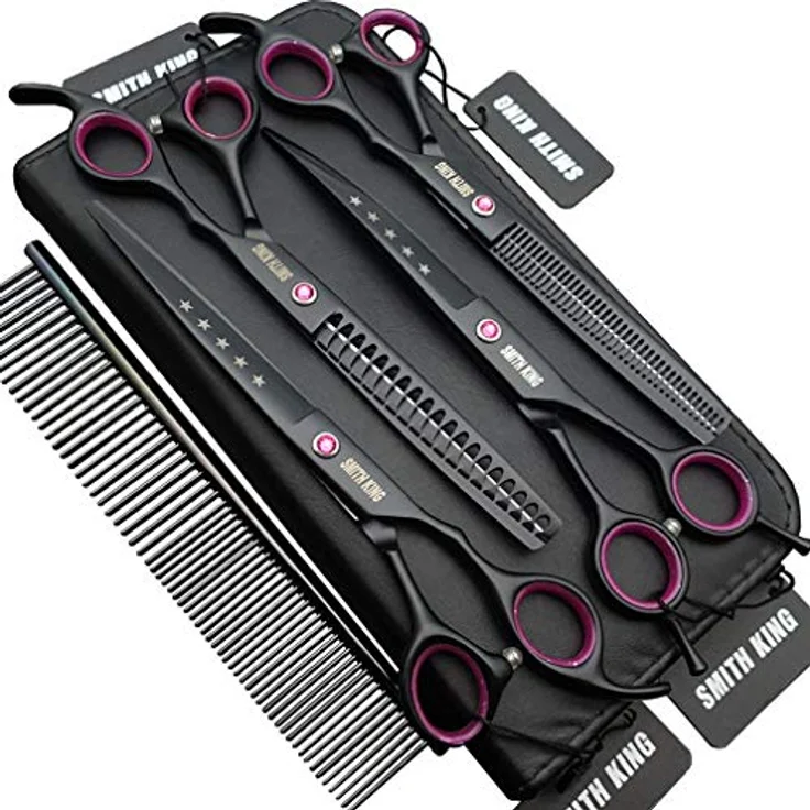 Smith King 7,0 Zoll Hundepflege Schere Set, 5-teiliges Set mit gerader Schere, Ausdünnungsschere, gebogener Schere, Chunker und Kamm aus hochwertigem 6CR-Edelstahl – Bild 1
