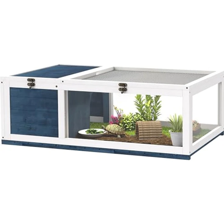 PawHut Schildkrötenhaus aus Holz, großzügiges Schildkrötengehege mit Zweiraumdesign, aufklappbare Oberseite, Outdoor-Reptilienkäfig, Blau – Bild 1