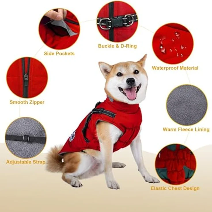 Aisuowa Hundemantel, Winter Hundejacke Wasserdicht und Winddicht mit Bauchschutz, Fleece gefüttert, Reflektierend, für kleine, mittlere und große Hunde – Bild 4