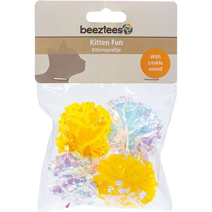 Beeztees Kitten Knister Bälle Evy, 4 Stück Katzenspielzeug mit aufregender Knistereigenschaft