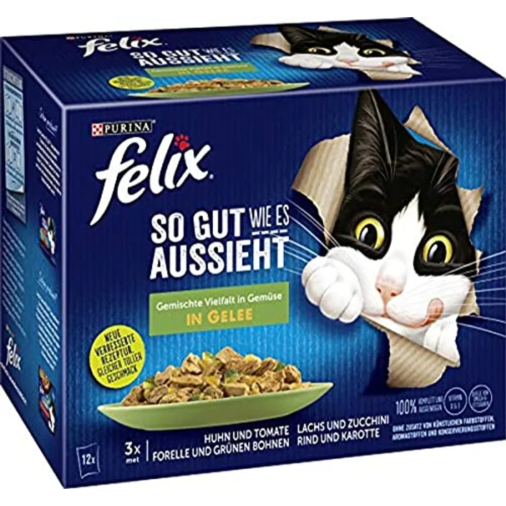 Felix So gut., Gemischte Vielfalt Gemüse, Katzen-Nassfutter mit zarten Stückchen und saftigem Gelee