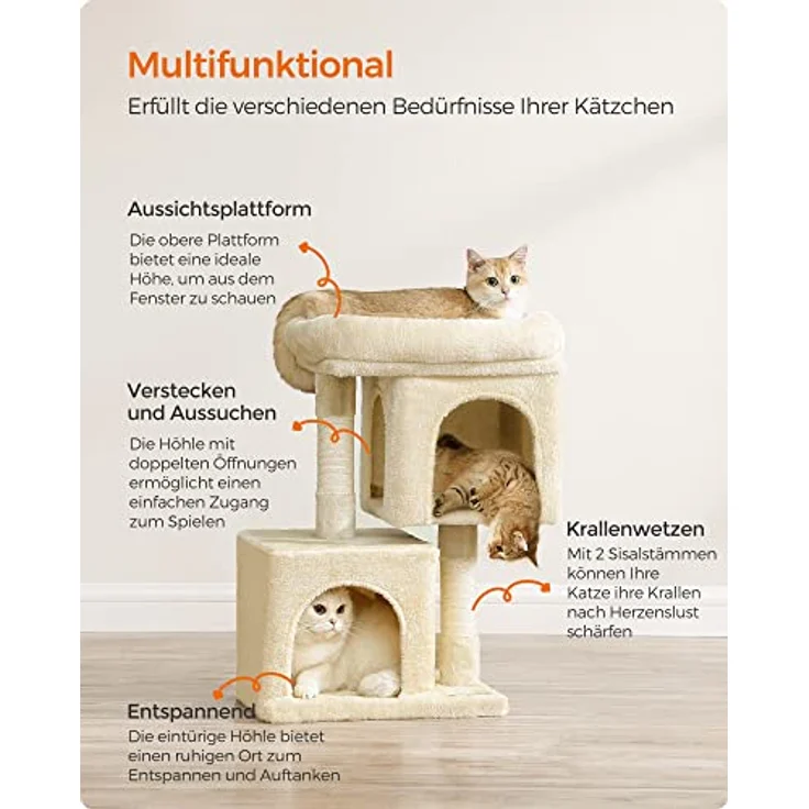 Feandrea Kratzbaum klein PCT611M01, 67 cm Katzenbaum für Kätzchen bis 3 kg, große Plattform, 2 Höhlen, Sisalstämme, beige – Bild 5