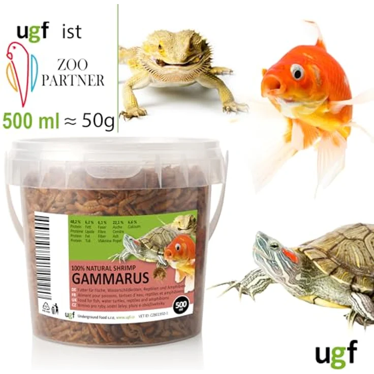 UGF Premium Gammarus Bachflohkrebse Getrocknet, 50g im 500ml Eimer, hochwertiges Futter für Schildkröten, Fische, Axolotl, Hamster, Igel, Koi und Ratten, 48% Protein, 100% natürlich – Bild 2