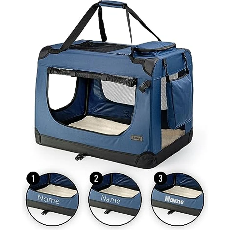 lionto Hundetransportbox faltbar, 50x34x36 cm, stabile Transportbox mit abnehmbarer Decke und Namensaufdruck für Katzen & Hunde bis 10 kg, dunkelblau – Bild 1