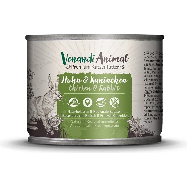 Venandi Animal Huhn und Kaninchen, Katzen-Nassfutter, 24 x 200g, ohne Zucker- und Getreidezusatz, naturbelassen mit hohem Fleischanteil