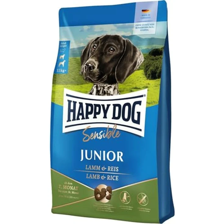 Happy Dog Supreme Sensible Junior Lamm & Reis, 10 kg Trockenfutter mit 77% tierischem Protein, weizenfreier Rezeptur und gelenksunterstützenden Kroketten – Bild 1
