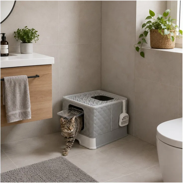 belviona Katzentoilette, faltbar und hygienisch, mit Schublade & Streufanggitter, auslaufsicher, hellgrau