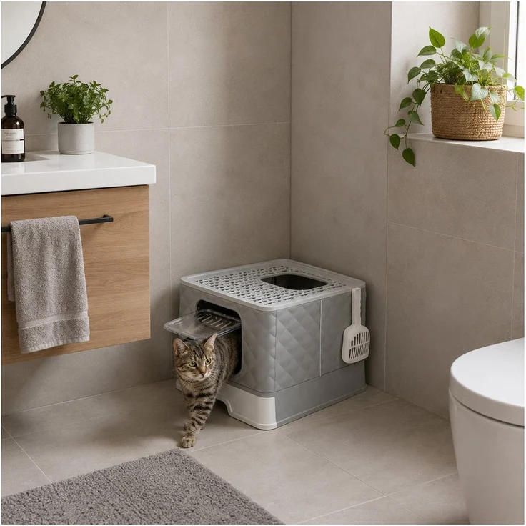 belviona Katzentoilette, faltbar und hygienisch, mit Schublade & Streufanggitter, auslaufsicher, hellgrau