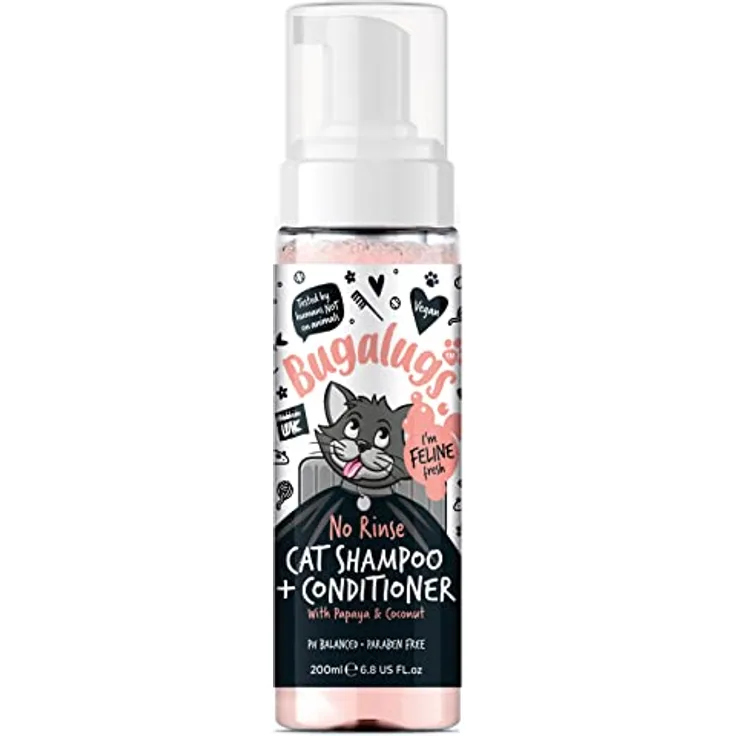Bugalugs Katzenshampoo 2 in 1 ohne Wasser, pH-neutral, 200ml, Papaya und Kokosduft, für wasserscheue Katzen