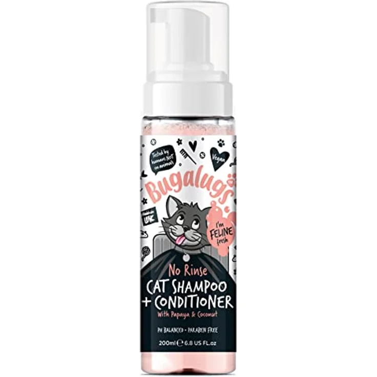 Bugalugs Katzenshampoo 2 in 1 ohne Wasser, pH-neutral, 200ml, Papaya und Kokosduft, für wasserscheue Katzen – Bild 1