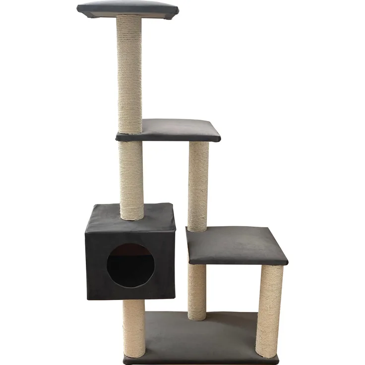Silvio Design Rohrschneider Katzenbaum Samt grau, Krallenbaum mit 3 Liegeplatten und stabiler Höhle, 133 cm hoch