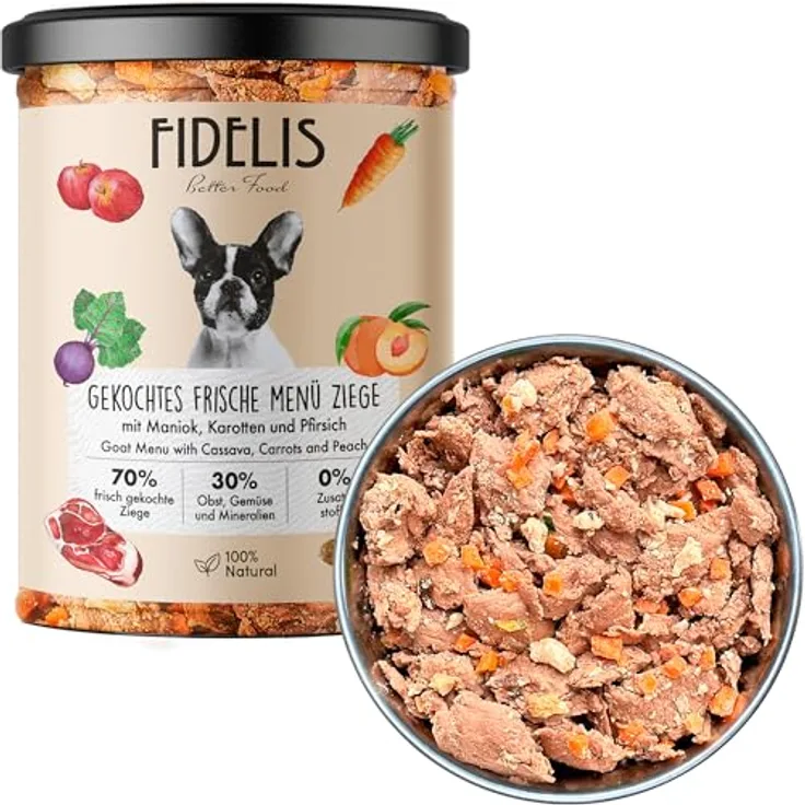 Fidelis Gekochtes Frische-Menü für Hunde mit Ziege, Maniok, Karotten & Pfirsich, 400g Glas, 70% Fleischanteil, ungekühlt haltbar, ohne Zusätze