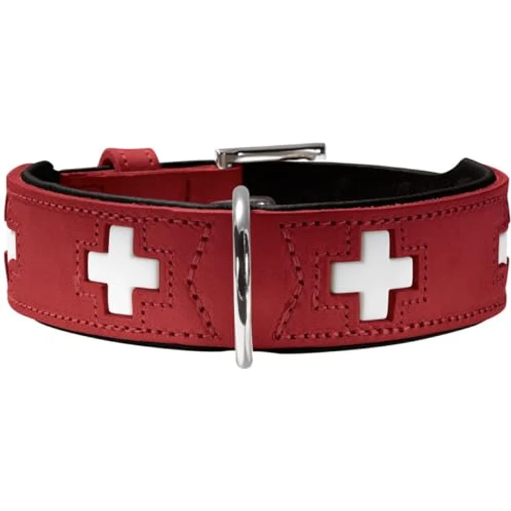 HUNTER Hundehalsband SWISS, rot/schwarz, aus weichem Rindnappaleder, handvernähte Schweizer Kreuze, Größe S-M (42), Made in Germany – Bild 1