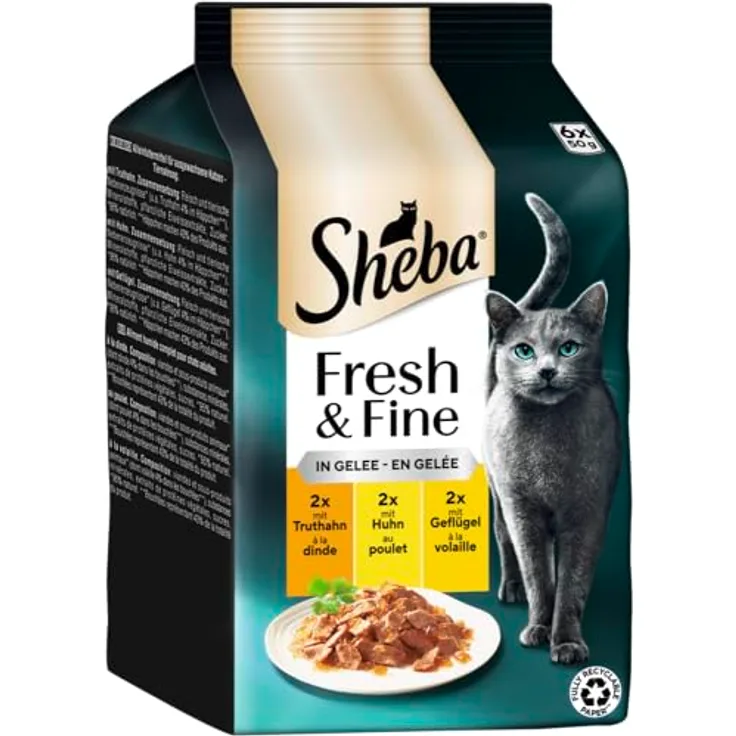 SHEBA® Portionsbeutel Multipack Fresh & Fine in Gelee, Katzen-Nassfutter mit Truthahn und Huhn, 6 x 50g