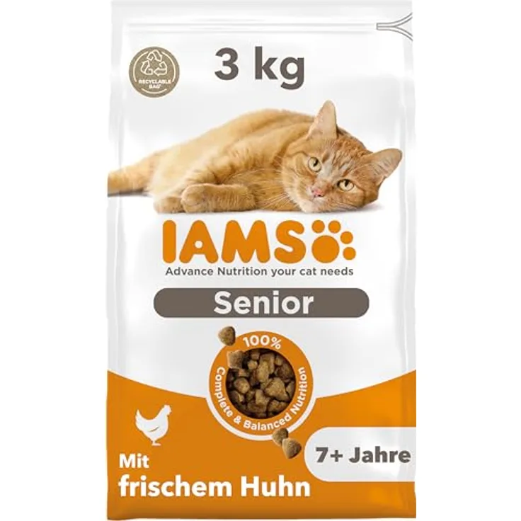 IAMS Senior Katzenfutter trocken, Huhn, 3 kg - Trockenfutter für ältere Katzen ab 7 Jahren, weizenfrei, hoher Anteil an tierischen Proteinen, unterstützt gesunde Gelenke und Hautpflege