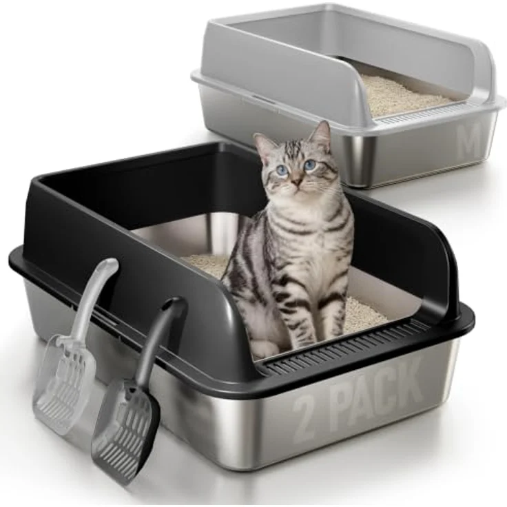 Fusblom 2 Pack Katzenklo Edelstahl Gehege mit Deckel, hohe Wände für Mehrkatzenhaushalte, inklusive Streuauffang-Pedal – Bild 1