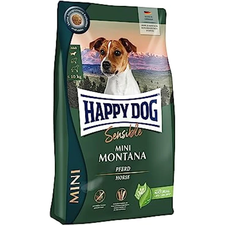 Happy Dog Sensible Mini Montana, Hunde-Trockenfutter für ausgewachsene, normalaktive Hunde bis 10 kg, mit Pferd, ohne Getreide, 4kg – Bild 1