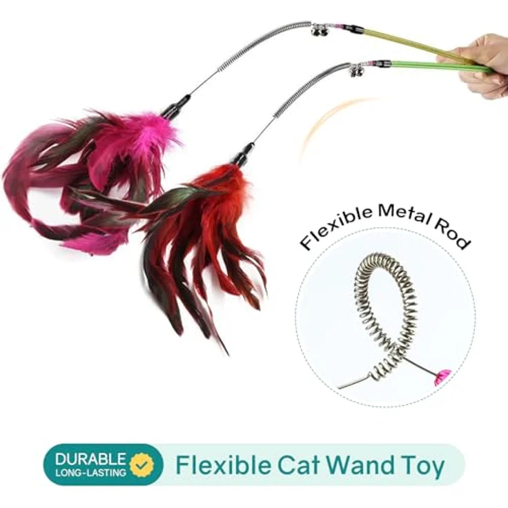 GingerUPer Katzenspielzeug Set, Interaktive Katzenangel mit Feder und Spielbällen für kleine und große Katzen, rot – Bild 2
