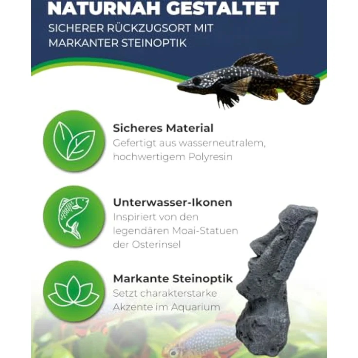 Hobby Aquaristik Moai Ora 2, Deko-Figur für Aquarien, Versteckhöhle aus Polyresin in Steinoptik, 15 × 12 × 22 cm, für Fische, Garnelen & Reptilien – Bild 2