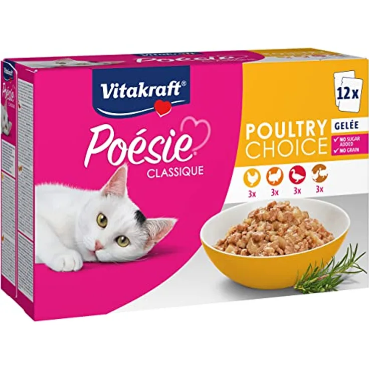 Vitakraft Poésie Classique Gelee, Katzen-Nassfutter ohne Getreide, 12x 85g, 4 Sorten (Huhn, Geflügel, Pute, Ente)