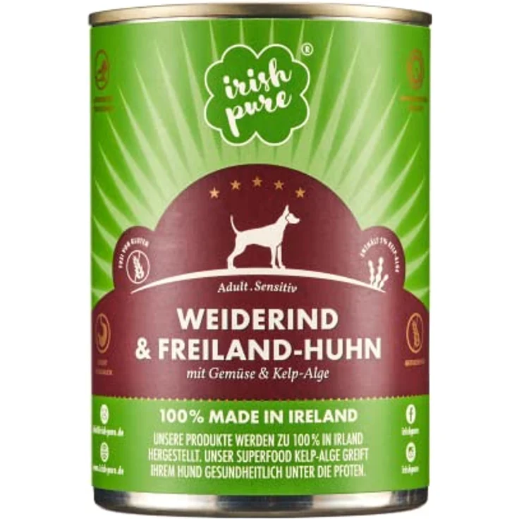 Irish Pure Premium Nassfutter für Hunde, Weiderind mit Superfood Kelp-Alge, getreidefrei, sensitiv, 6x 390g – Bild 2