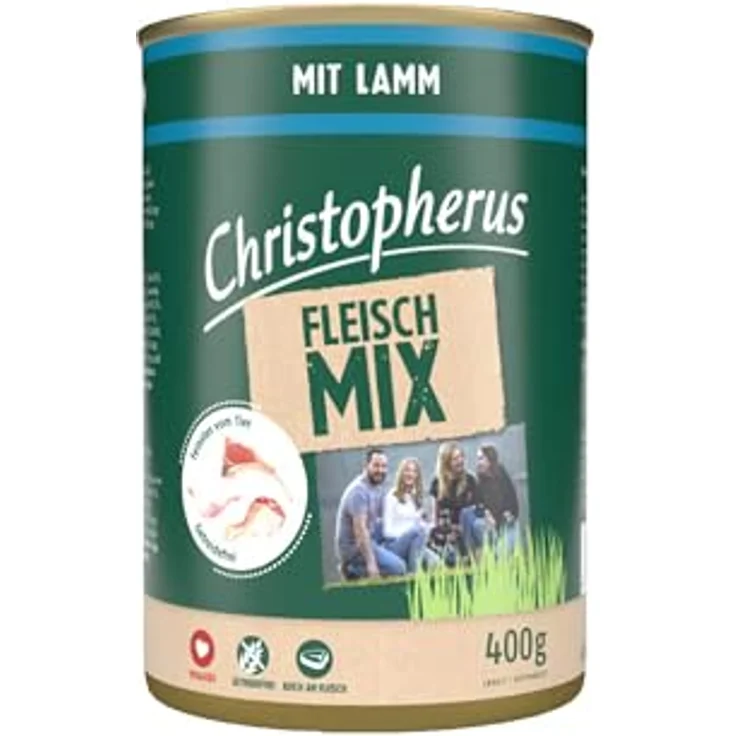Christopherus Fleischmix mit Lamm, Getreidefreies Nassfutter für Hunde, 6 x 400 g – Bild 2