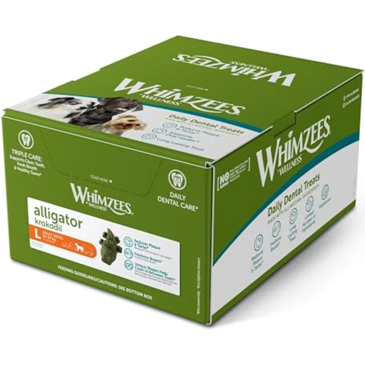 WHIMZEES Krokodile Größe L, glutenfreier und vegetarischer Hundesnack zur Plaque- und Zahnsteinbeseitigung, 30 Stück im Display (1 x 1.8 kg) – Bild 3