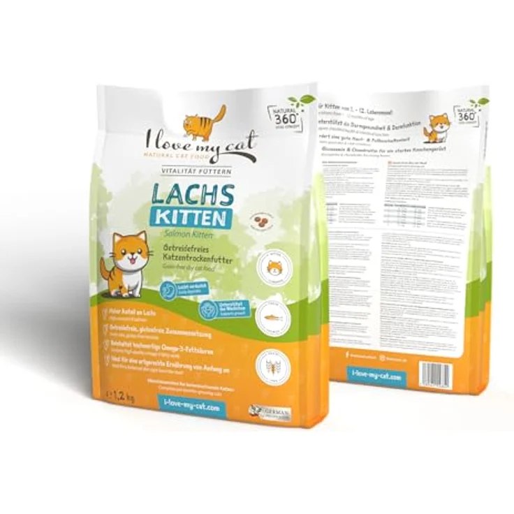 I love my cat Getreidefreies Trockenfutter für Kitten mit Lachs, leicht verdauliche Omega-3-reiche Formel zur Unterstützung von Wachstum, Haut und Fell – Bild 1