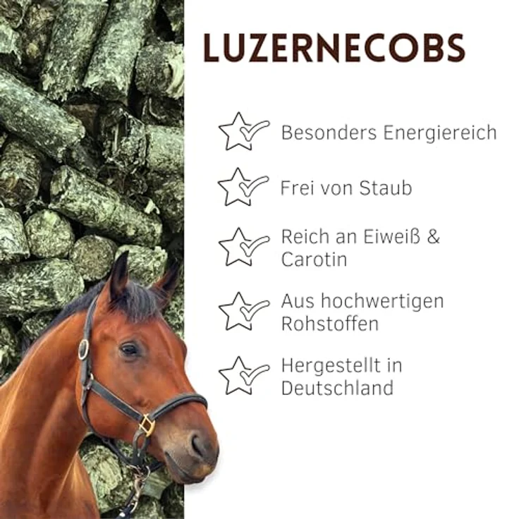 Supravit Luzernecobs 20kg, energiereiches Pferdefutter mit hohem Carotingehalt, staubfreie Pellets für Jung- und Sportpferde – Bild 2