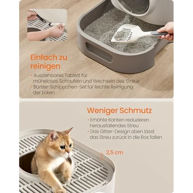 Feandrea Katzenklo XXL, Katzentoilette mit Deckel und ausziehbarem Tablett, haferflockenfarben-warmgrau, für verschiedene Katzengrößen, weniger Schmutz, inklusive Schaufel und Bürste – Bild 3