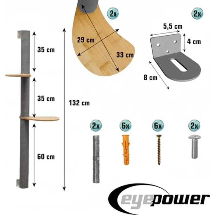 Eyepower Luna, 132 cm Wandkratzbaum mit 2 drehbaren Plateaus, stabiler Sisal Kratzbaum zur Wandmontage aus Bambus – Bild 8