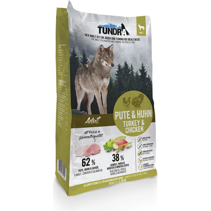 Tundra Trockenfutter Pute und Huhn, Proteinreiches Hundefutter ohne Soja, 3,18kg für alle Lebensphasen