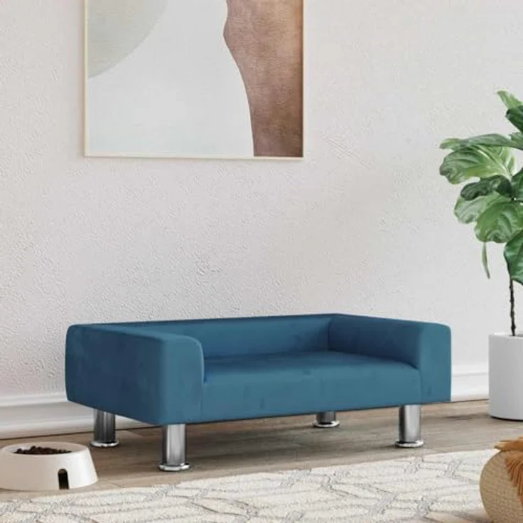 vidaXL Hundekorb Hundebett Blau 70x45x26,5 cm Samt Körbchen Hundesofa mit massivem Kiefernholzrahmen und verchromten Stahlfüßen – Bild 2
