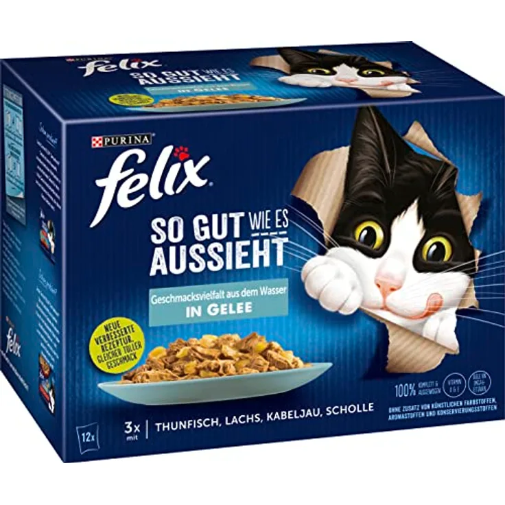 Felix So gut wie es aussieht, 12x85g Katzenfutter Geschmacksvielfalt mit Lachs, Scholle, Kabeljau und Thunfisch in Gelee