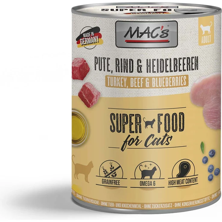 MAC's Cat Katzen-Nassfutter, Pute, Rind und Heidelbeeren, 6x800g, gesundes Fleischmenü – Bild 1