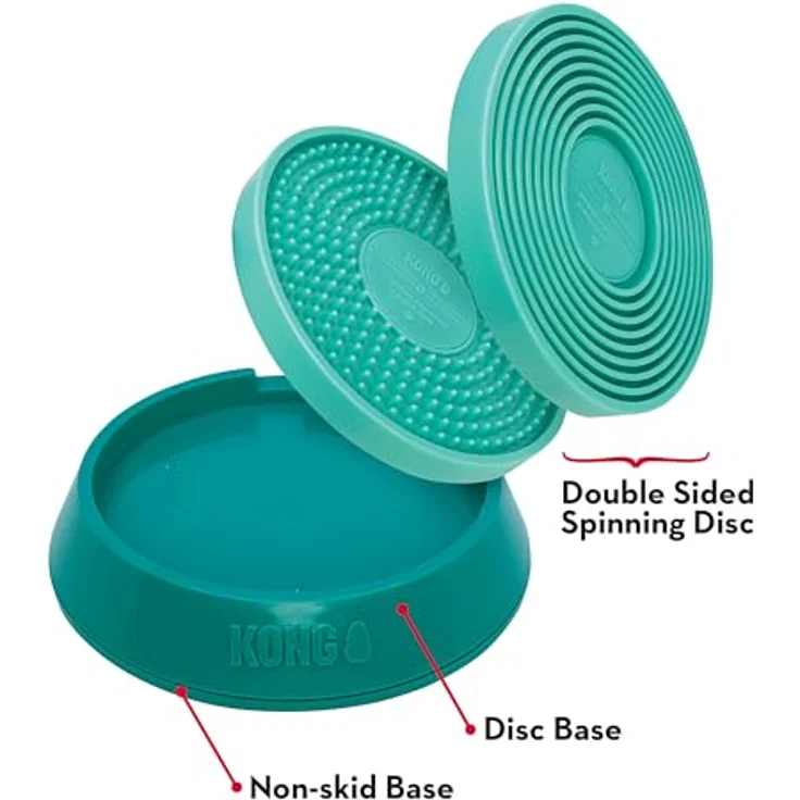 KONG Licks Spinz Hundespielzeug, kniffliges Schleckspielzeug mit drehbaren Platten, blaugrün, Größe L (Ø 20,3 x H 4,5 cm) – Bild 2
