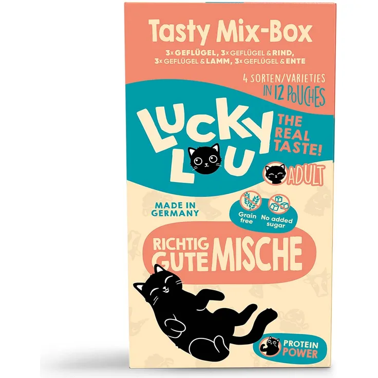 Lucky Lou Lifestage Adult Tasty-Mix, Katzen-Nassfutter Mixpaket für ausgewachsene Katzen, 12x125g, getreide- und zuckerfrei