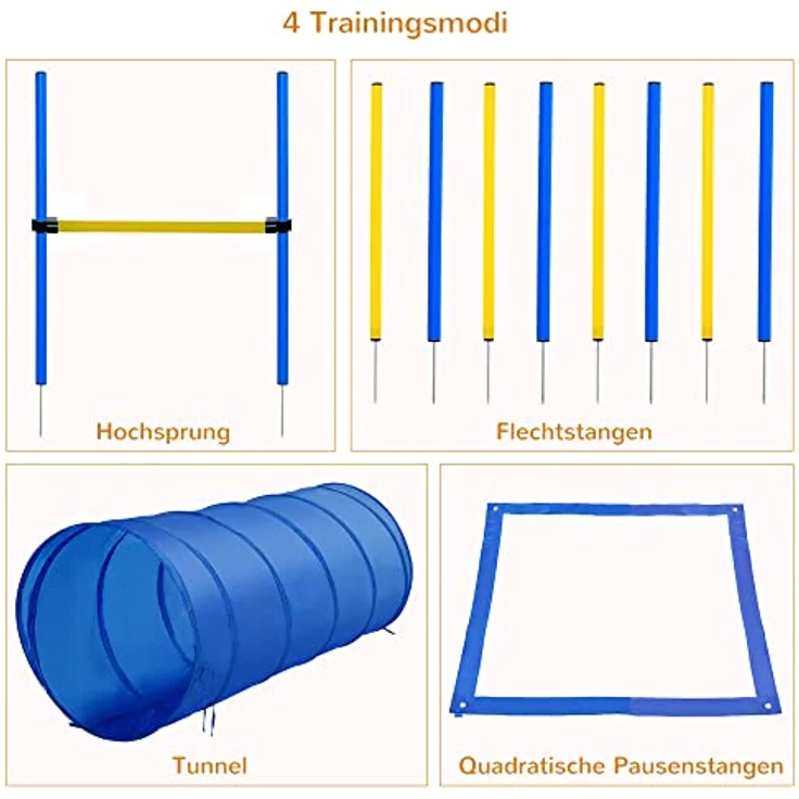 PawHut Agility-Übungs-Set, Slalom-Hürden-Tunnel für Hundesport, inkl. Tunnel, 8 Slalomstangen, justierbare Hürdenstange, blau-gelb, transportable Tragetasche – Bild 3