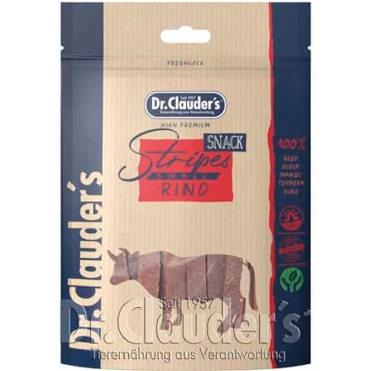 Dr. Clauder's Stripes Snack Small, leicht verdauliche Snacks aus 95% Rindfleisch mit Inulin für Hunde und Katzen, 80g Frischebeutel – Bild 1