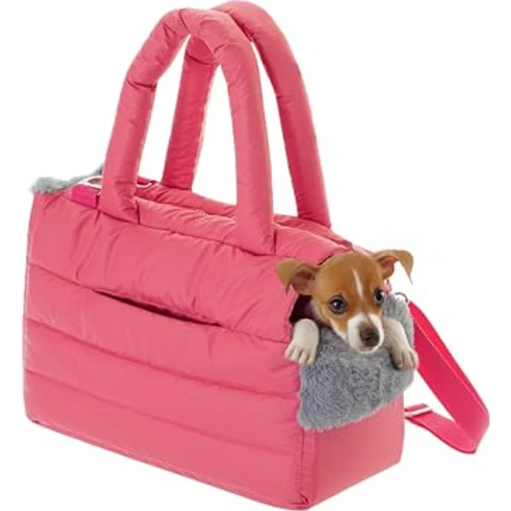 DOGGY Fluffy Ride, Transporttasche für Hunde und Katzen, Schultertasche bis 8 kg, himbeerfarben, mit Karabiner und verstellbarem Schultergurt – Bild 2