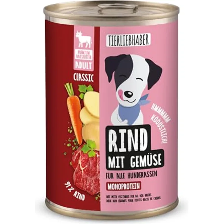 TIERLIEBHABER Hundefutter Nass 400g Rind mit Gemüse, 91% Fleischanteil, von Tierärzten entwickelt, glutenfrei und ohne Zusatzstoffe